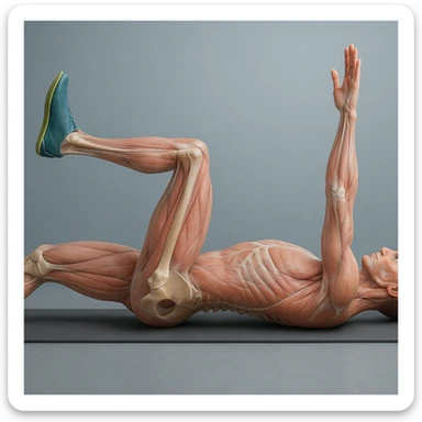 Edit the image of a man in dead bug position, side view, hyperrealistic anatomical 4K version: the arm on the ground is fully extended above the head, pelvis and spine bones visible, translucent muscles and skin, medical atmosphere, realistic anatomical details. Variant 6, slightly change the position of the hands. sticker