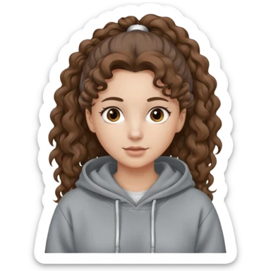 Woman, curly brown hair, hoodie, white pony tail sticker