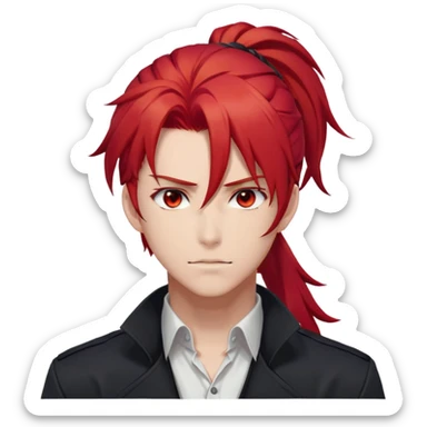 Handsome gorgeous anime man with bright-red hair, thick long ponytail, red eyes, white shirt, black jacket, stone face, Diluc from Genshin Impact sticker