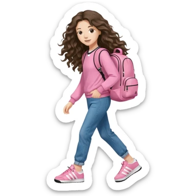 aestethic brunette very,very,very long wavy hair walking with a school backpack (no brand) with a cute jeans, pink sweat, adidas samba shoes sticker