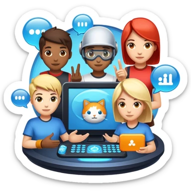 An icon representing multiplayer gaming, featuring a digital arena where diverse characters compete or cooperate. Avatars, chat bubbles, and team icons symbolize online interaction. A game HUD displays player stats, emphasizing teamwork and rivalry. Transparent background. sticker