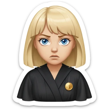 Angry with blue eyes, blonde hair with bangs, circles under her eyes from being tired in a black judges robe sticker