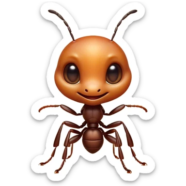 Cinematic Cute Ant Portrait Emoji, Head tilted playfully and inquisitively, featuring a minuscule, charming body with a delicately textured exoskeleton and round, sparkling eyes brimming with curious mischief, Simplified yet irresistibly adorable features, highly detailed, glowing with a warm, inviting earthy glow, high shine, affectionate and lively, stylized with a touch of whimsical industrious charm, soft glowing outline, capturing the essence of a mischievous ant that seems as if it could scurry out of the screen into your arms! sticker
