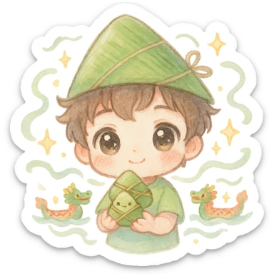 kawaii chibi boy, big sparkling eyes, wearing a zongzi hat, holding a mini rice dumpling, with tiny dragon boats, floating ribbons, star sparkles, soft pastel watercolor, fluffy lines sticker