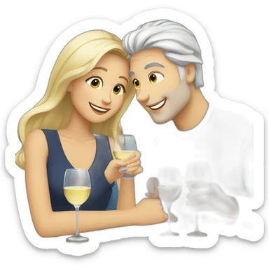 A woman with brown eyes and blond hair and a man with blue eyes and grey hair, they toast to each other with a glass of white wine. sticker