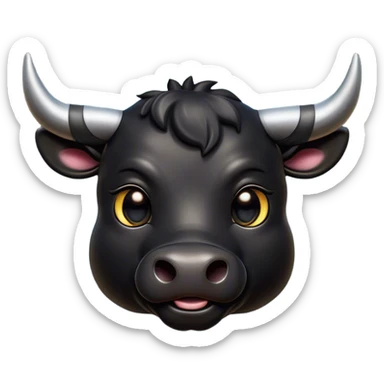 Cinematic Cute Black Bull Portrait Emoji, Head tilted playfully and inquisitively, featuring a glossy, robust black hide with a striking sheen, round, sparkling dark eyes filled with gentle curiosity, Simplified yet irresistibly adorable features, highly detailed, glowing with a warm, friendly glow, high shine, affectionate and imposing, stylized with a touch of rugged charm, bright and endearing, soft glowing outline, capturing the essence of a mischievous yet loving bull, so playful it feels like it could stomp out of the screen and into your arms! sticker