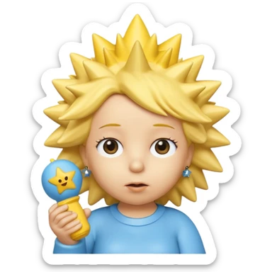 A 3D cartoon close-up of Maggie Simpson, baby from The Simpsons, rendered in Memoji-style with smooth yellow skin, spiky star-shaped hair, blue pacifier, and simple shading. Bright studio lighting, cinematic close-up framing consistent with Bart, Marge, Homer, and Lisa. sticker