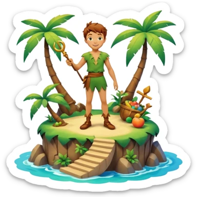 Still life, hyperrealism, highly detailed, vividly colored, Peter pan, on the whimsical, mythical island  4D rendering  sticker