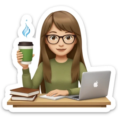 a designer with light skin long brown hair bangs waving, stack of books, coffee cup on top, water bottle, computer, matcha  sticker