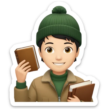 asian, tan skin, non binary asian man with pixie cut black hair, wearing brown jacket and dark green beanie, smiling , holding up books  sticker