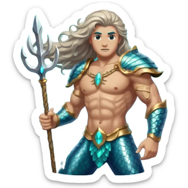 portrait of a muscular merman warrior with dark aqua scales, silver armor pieces on shoulders and arms, holding a glowing trident, stern expression, long flowing hair, underwater battle stance sticker