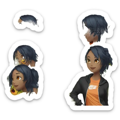 Lady with brunette and iridescent blue hair, gold, lime green dragon wings, black hoodie, bleach dyed, black and gold Nike t shirt, and bright red eyes sticker