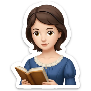 Jane Austen inspired brunette character reading a book outdoors sticker
