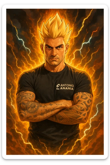a muscular man with spiky hair stands in a powerful pose, surrounded by a glowing, fiery aura reminiscent of Goku’s Super Saiyan transformation. His eyes are intense and determined, and his body radiates energy and confidence. Lightning bolts and energy waves crackle around him, symbolizing a surge of testosterone and vitality. The background is dramatic, with swirling clouds and vibrant colors. sticker