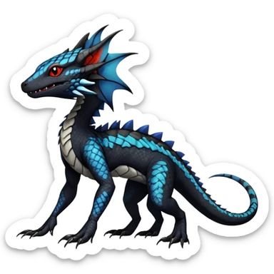 Rare realistic exotic edgy gothic cool badass epic pretty beautiful handsome gorgeous aesthetic colorful vibrant Vernid-Trico-species-Fakemon-Salandit-hybrid-creature by LiLaiRa, 4 legs, 1 tail, random markings, (full body) sticker
