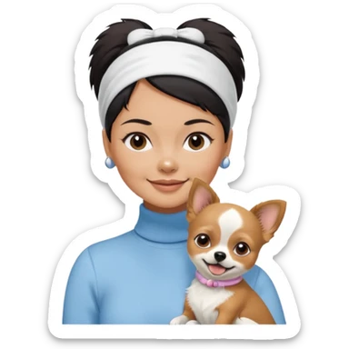tan skin woman, with short black hair in a slicked back ponytail with forehead showing, with white headband, wearing solid pastel blue turtleneck shirt, smiling carrying dark brown-white furry fuzzy chihuahua pomeranian dog sticker