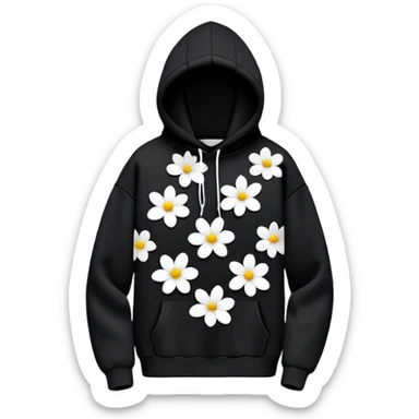 "Design a black hoodie adorned with scattered, medium-sized black and white flowers. Each flower should consist of a bold, thick white ring forming the petals, with a completely hollow center, creating an open, circular look. The flowers should have an irregular, asymmetrical shape and be evenly distributed across the hoodie, including the sleeves and hood. Keep the design minimalistic—no detailed petals, shading, or filled centers, just simple, bold, hollow ring-like floral patterns." sticker