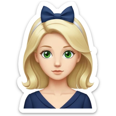 Blond hair green eyes navy blue dress with a white bow in her hair and is tall  sticker