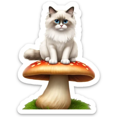 Ragdoll cat sitting on the top of a giant mushroom  sticker