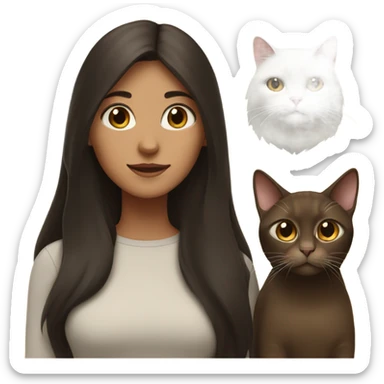 a girl with long dark hair with one brown cat and white cat with her sticker
