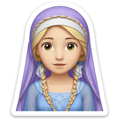 
mujer, Joven, de aspecto dulce y elegante.
Piel clara, ojos grandes y expresivos, sonrisa triste.
Rubio o castaño claro, largo, con trenzas o velo.
Vestido largo de tonos suaves (blanco, azul o lavanda), con bordados dorados; toca fina cubriendo la cabeza. cuerpo entero
 sticker