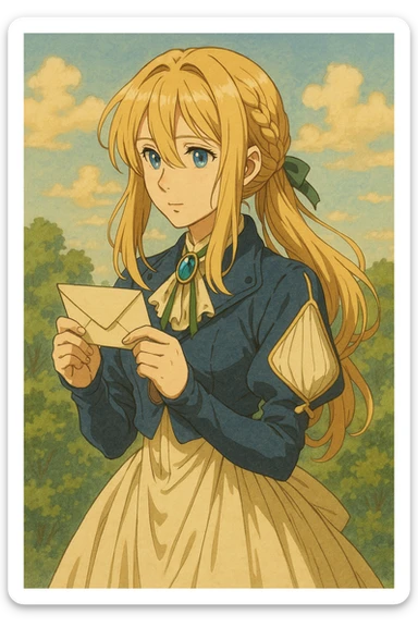Violet Evergarden, elegant anime girl with long blonde hair, blue eyes, wearing a blue and white dress with a brooch, holding a letter, in a soft, detailed anime style sticker