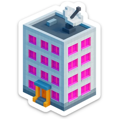 modern Russian panel apartment building, square block, light gray, bright pink windows, detailed entrance, large satellite TV dish on roof, isometric view sticker