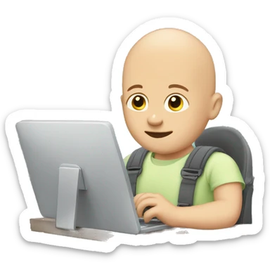 bald man wearing a baby in a baby carrier typing on computer sticker