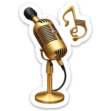 Create a sophisticated and smooth emoji representing jazz vocal performance. The design should feature a stylized microphone, with musical notes swirling around it to convey the fluid, improvisational nature of jazz. Add subtle elements like a vintage microphone stand or a hint of a singer’s silhouette in the background to reflect the live, intimate feel of jazz performance. Use deep, rich colors like gold, black, and burgundy to evoke the classic, smooth vibes of jazz. The background should be transparent. sticker