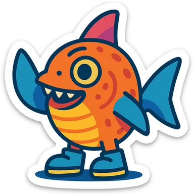 funny small animal with shark fins as hands, fish features, wearing little shoes, cartoon style, bright colors, detailed sticker