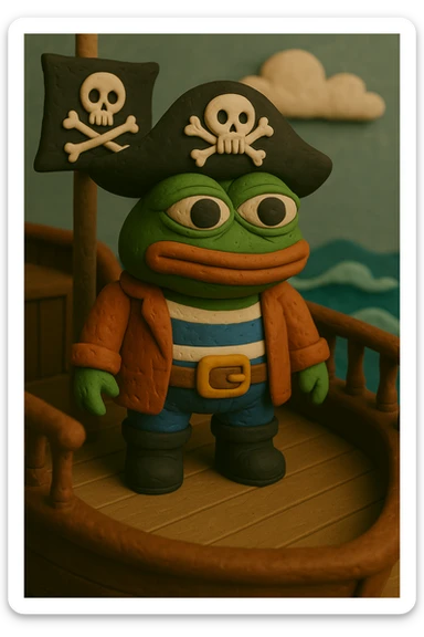 Ensure the exact skull and crossbones is clearly visible on both the pirate flag and the pirate hat in the claymation style image of Pepe the Frog in pirate attire, standing on a pirate ship deck, ocean scene. sticker