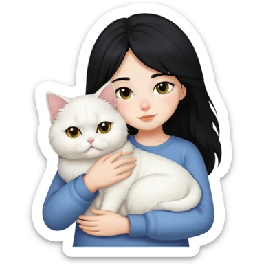 Black layered hair girl snuggling one white Persian cat sticker