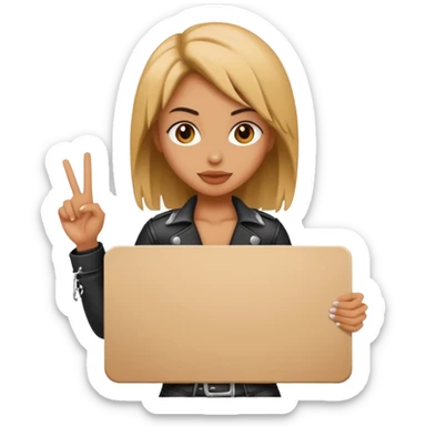 A rocker chick holding a large blank sign sticker