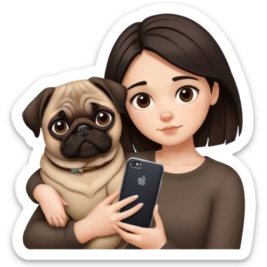 Pretty girl with dark brown casscading choppy hair frames her face as she holds her phone and her big pug lays beside her sticker