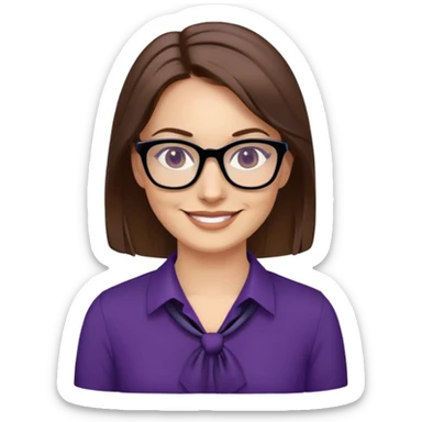 nữ 40 tuổi, da trắng, tóc được buộc gọn gàng màu nâu, mặt cười tươi vui vẻ, đeo kính màu đen, áo tím đậm sticker