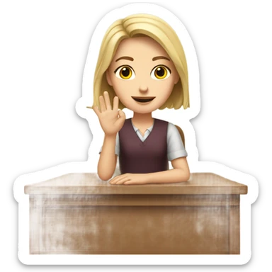 A white girl with a raised hand at a desk at school  sticker