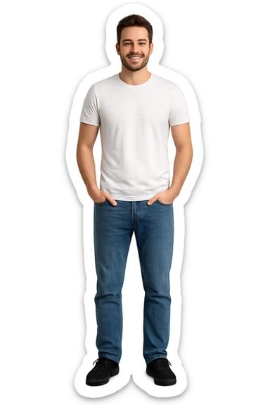 Man 25 years old wearing blue jeans and white t-shirt sticker