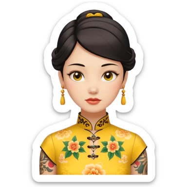 ancient woman with tatooed on neck and yellow cheongsam sticker