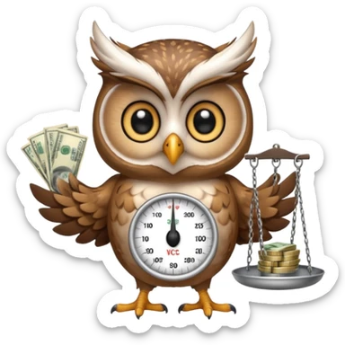 cute female mascot owl holding money scale with two sides sticker