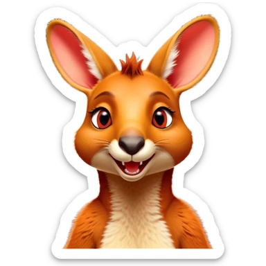 Cinematic Comical Kangaroo Portrait Emoji, Head tilted dramatically with an exaggeratedly amused expression, featuring a striking red-orange fur with a playful glint in its wide, expressive amber eyes, Simplified yet hilariously expressive features, highly detailed, glowing with a slightly sassy glow, high shine, dramatic yet playful, stylized with an air of cheeky outback mischief, bright and endearing, soft glowing outline, capturing the essence of a spirited and over‐the‐top kangaroo, so meme‐worthy it feels like it could bounce its way into internet fame instantly! sticker