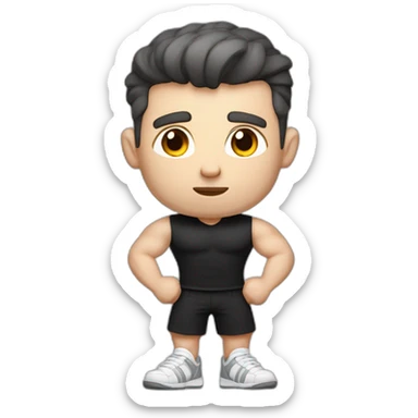 Confused Pale skinned Fit Man With the biceps and dark brown hair in black shirt, gray sports shorts and white Sneakers sticker