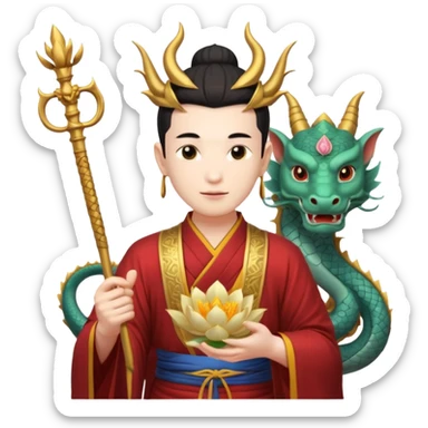 man with asian dragon head, scepter, buddhism, lotus sticker
