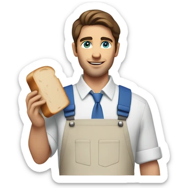 Male with brown hair and blue eyes with white collard shirt and blue apron with khakis and hat holding a sandwhich sticker