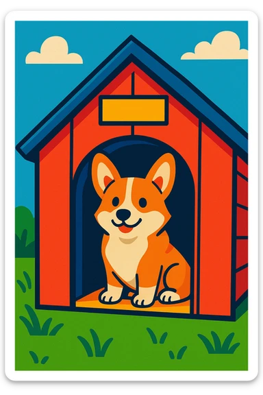 red dog house with a Corgi dog inside, Corgi visible through the doorway, vibrant style sticker