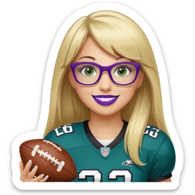 long blonde hair with straight bangs, black rectangle glasses, female, green eyes wearing eagles uniform jersey number 33 holding football smiling purple lipstick sticker