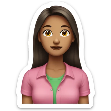 Female young lady with long dark brown hair in pink and green shirt sticker