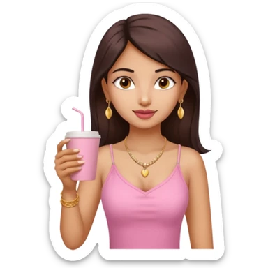 a pretty fair indian bratz girl with a pink cami top, drinking takeaway brown coffee, golden dainty necklace and carrying a white bag sticker