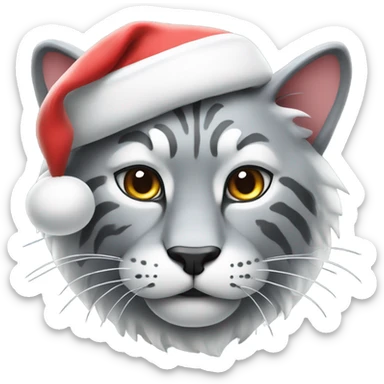 Grey big cat with white accents wearing a Santa hat sticker