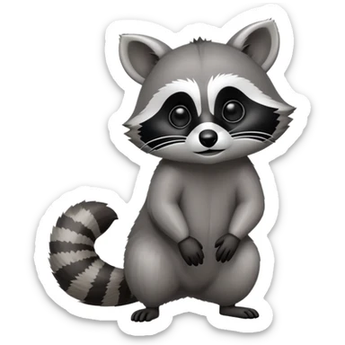 Cinematic-Raccoon-Realistic-hunched Full-Body on all fours-Emoji – Tail flicking lazily, head tilted dramatically, thick grey fur with a signature black mask, sharp and alert ears, simplified yet realistic focused features, highly detailed, glowing with an almost sarcastic glow. big black eyes sticker