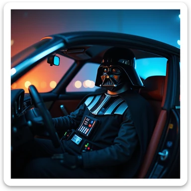 Cinematic shot of a Darth vader sitting in porsche 911, blue and orange lights  sticker
